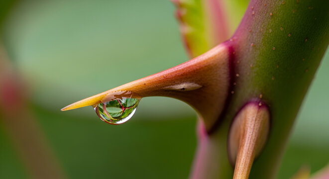 Macro closeup of water droplet on rose thorn in garden