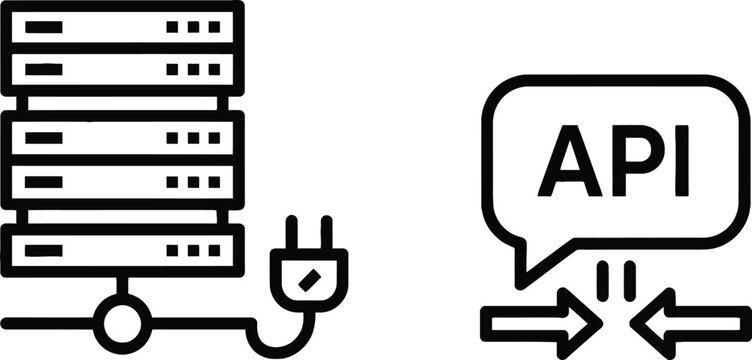 Computer server hardware and api integration interface icons with back end hardware integration computer technology programming software interface