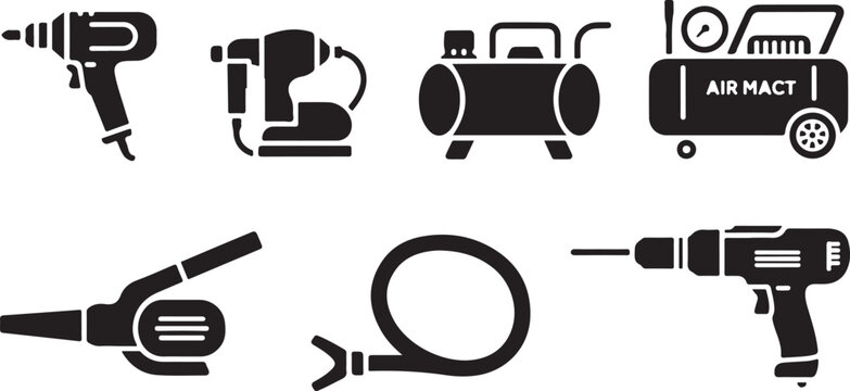 Industrial power tool icons featuring drill sander air compressor leaf blower pressure washer hose and electric screwdriver set.