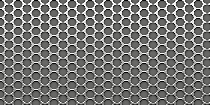 Perforated metal sheet texture. Seamless metallic grid with round holes. Industrial steel background