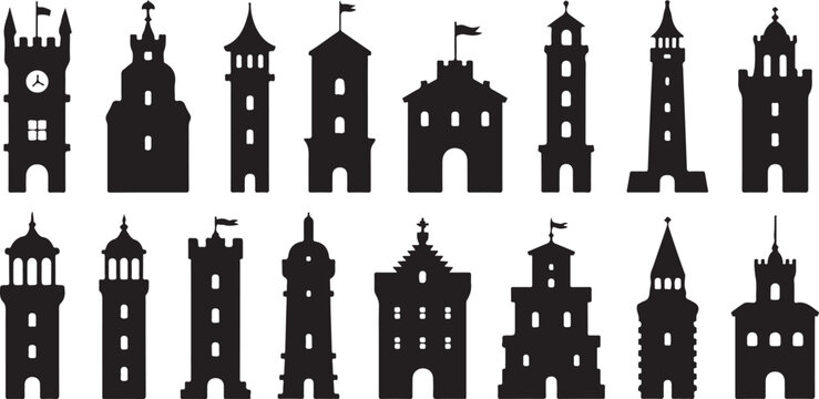 Collection of black castle and tower silhouettes for fantasy and medieval themes.