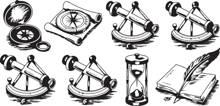 Compass scroll astrolabe sextant hourglass and quill pen with book maritime navigation.