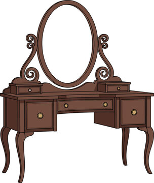 Vintage Brown Wooden Dressing Table with Oval Mirror and Drawers Vector Illustration Isolated on White Background for Interior Design