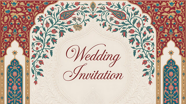 Mughal Floral Pattern with Peacock Motifs and Architectural Elements for Invitation Background
