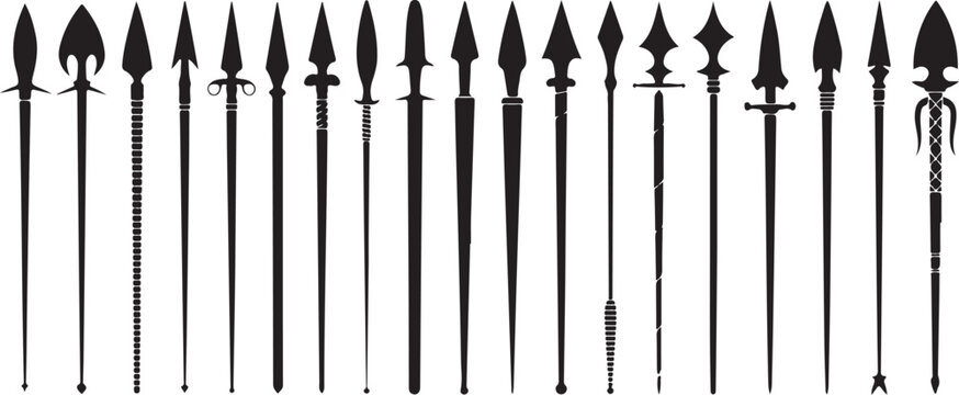 Collection of medieval polearm weapons including spears and halberds isolated on white background, ancient weaponry.