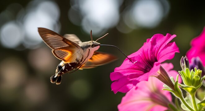 Hummingbird moth feeding on vibrant pink petunia flower with blurred garden background during daytime