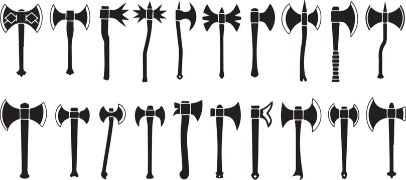 Assortment of axe and hatchet weapons in silhouette, historical combat tools with double or single blades on white.