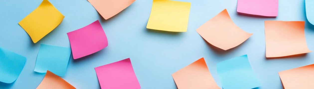 Colorful sticky notes (yellow, pink, orange, blue) scattered on a light blue background, creating a dynamic frame for new ideas and reminders. Blank space for text, concept