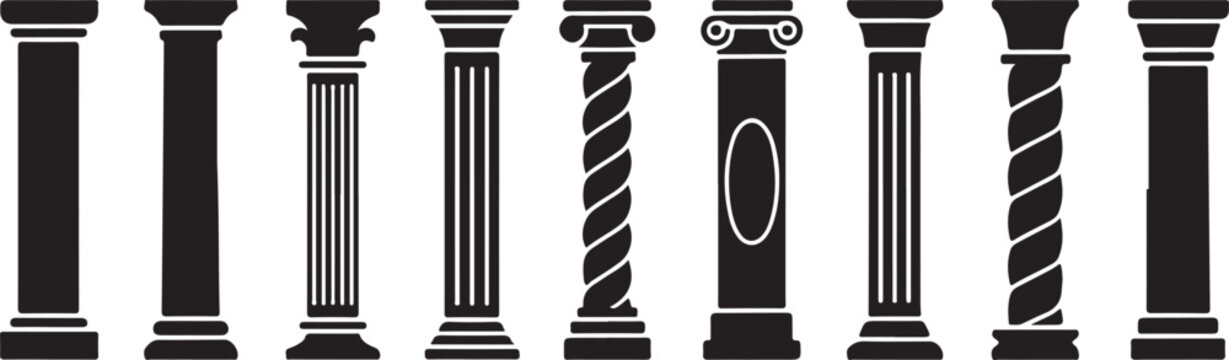Collection of architectural columns in various classical styles, decorative pillars on transparent background.