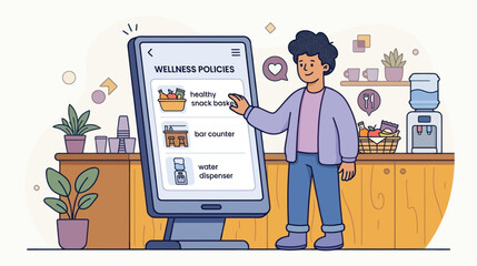 Fototapeta premium Young man interacting with wellness policies on a screen showing healthy snacks and water while in a break room