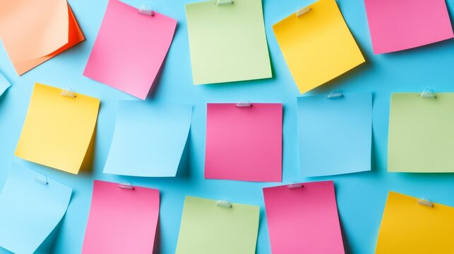 Colorful sticky notes in a scattered array, secured by pins on a bright blue background. A vibrant memo board for thoughts, plans and brainstorming., Productivity, Organization