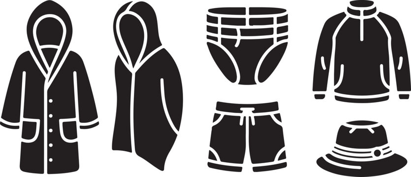 Assortment of black flat icons showing clothing items such as raincoat, hoodie, shorts, underwear, jacket and hat on checkered background.
