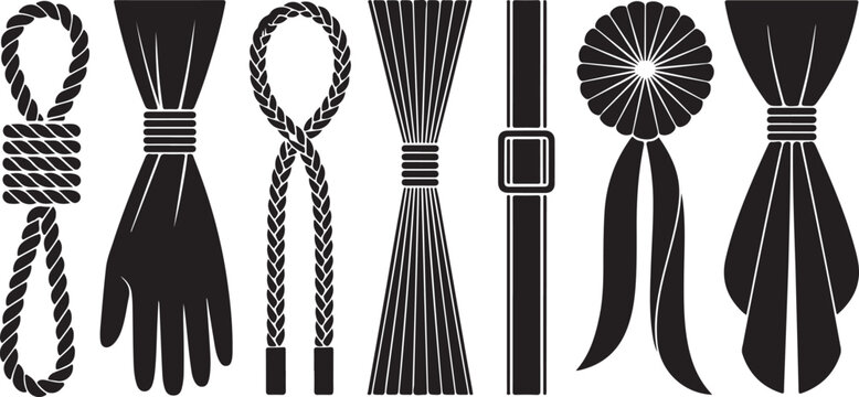 Group of black flat icons displaying rope, hand, braided rope, brush, belt, and ribbons on checkered background.