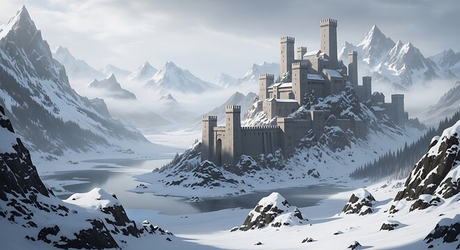 Majestic medieval castle perched atop a snowy mountain, surrounded by vast, frozen landscape