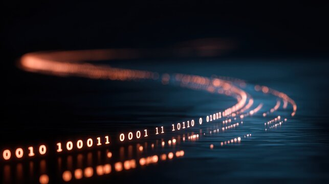 Illuminated stream of binary code flows rapidly across a dark, reflective surface.