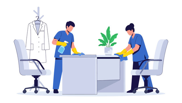Office Cleaning Crew: A professional cleaning team meticulously sanitizes an office environment, ensuring a hygienic workspace with their diligent efforts.
