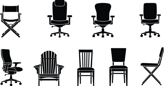 Office and classic chair silhouettes set including swivel ergonomic folding and wooden seating furniture collection isolated black illustration bundle