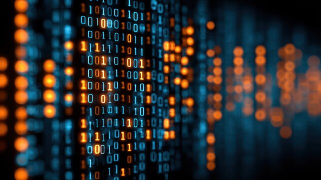 Digital information streams flow across a dark background illuminated by glowing numerals