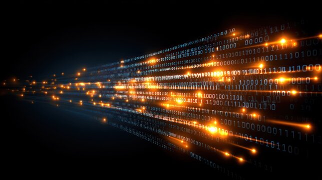 Streams of glowing binary code transmit information rapidly through a dark digital space.