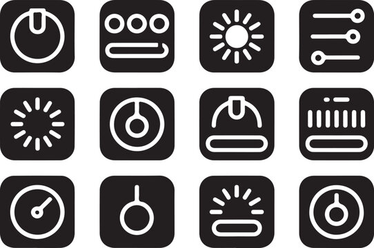 Set of power switch icons, various electronic control symbols arranged in grid pattern for quick access.
