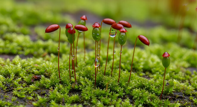 Macro moss and spore capsules in lush green environment