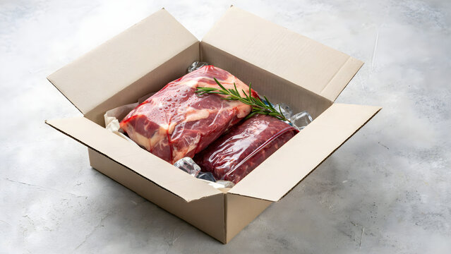 Vacuum packed raw meat with ice cubes and rosemary in a cardboard delivery box