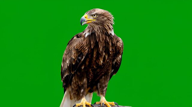 A regal bird of prey perches with focused gaze, against a vibrant green backdrop