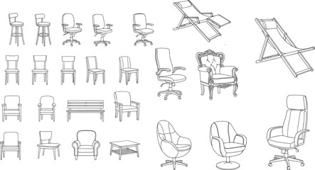 Set of chair outline sketches including office lounge dining wooden modern vintage seating furniture collection isolated vector illustration design © Motiur
