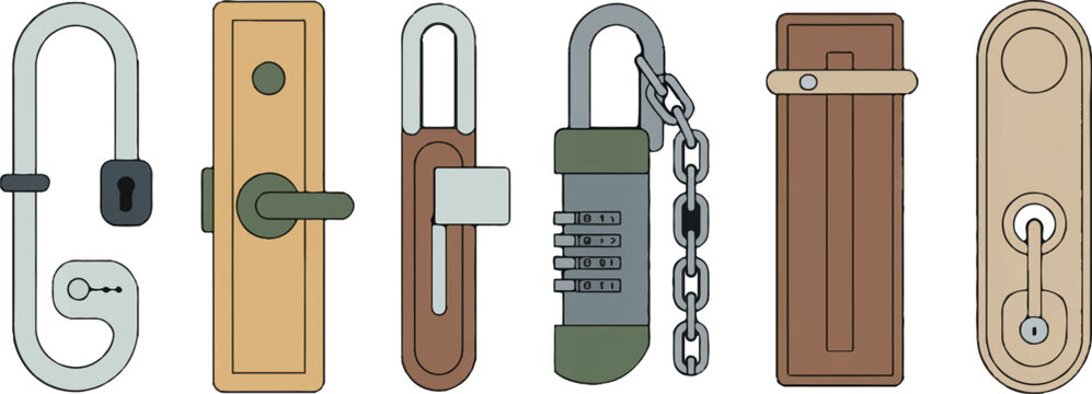 Industrial door lock set including padlocks deadbolts combination locks and latch mechanisms isolated on transparent background.