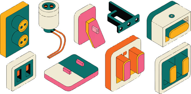 Isometric wall switches and electrical power sockets with various toggle types and connection ports for interior home decoration.