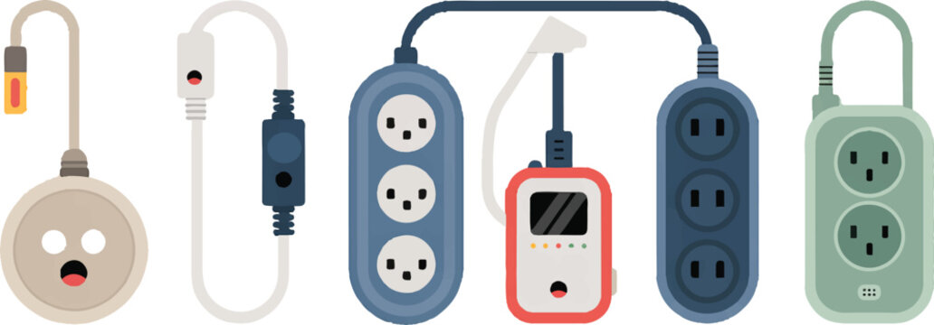 Electrical extension cord set with multiple outlets and power strip connected to wall socket on transparent background.