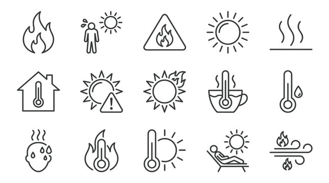 set of hot temperature icons, fire, heat, sun