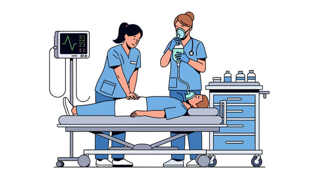 Medical Emergency Response: Two dedicated healthcare professionals are engaged in life-saving resuscitation on a patient lying on a hospital gurney, with a cardiac monitor displaying vital signs.