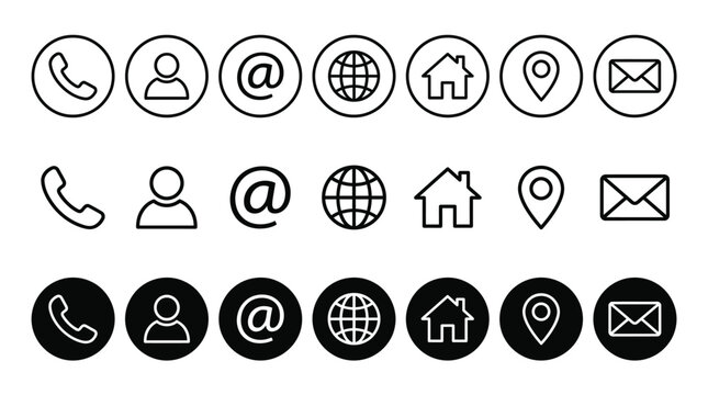 Contact us icon set. Phone, user, mail, home and location elements in minimal outline and solid styles vector illustration. Web and app interface sign for communication and navigation symbol pictogram