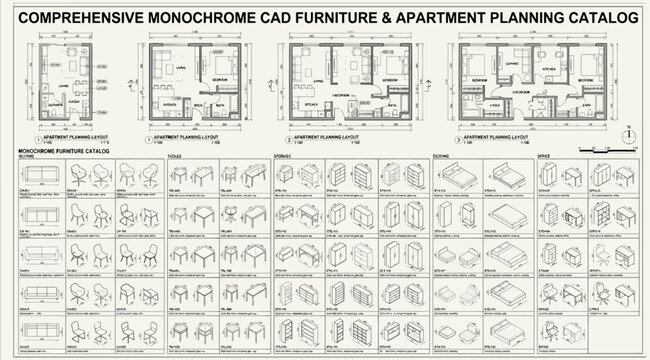 Comprehensive monochrome cad furniture and apartment planning catalog with various floor plan layouts