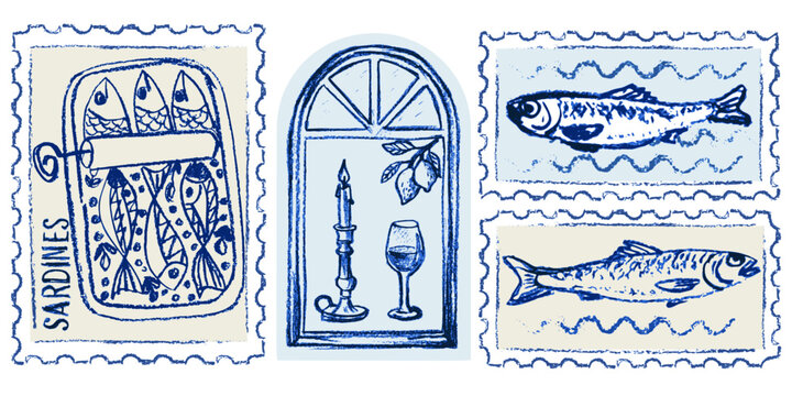 Hand drawn Amalfi coast postage stamp collection with sardines fish wine and lemon