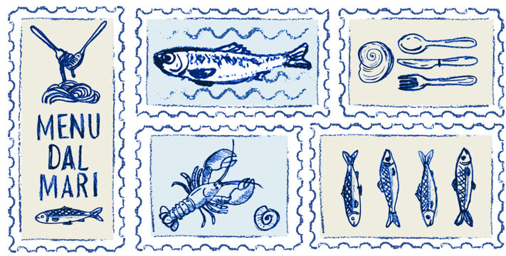 Hand drawn Amalfi coast postage stamp collection with seafood pasta and sardines