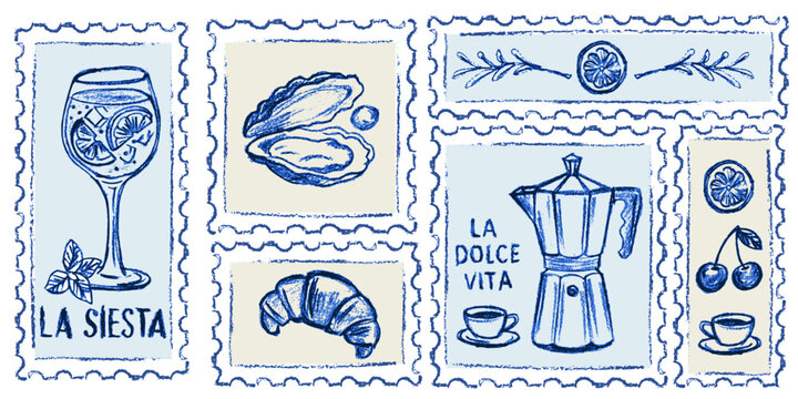 Hand drawn Amalfi coast postage stamps with coffee oyster cocktail and pastry