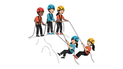 Team Adventure on the Rocks: A group of children in colorful safety gear and helmets are rock climbing and rappelling down a cliff face, demonstrating teamwork and courage in an outdoor adventure. © abidakhatun