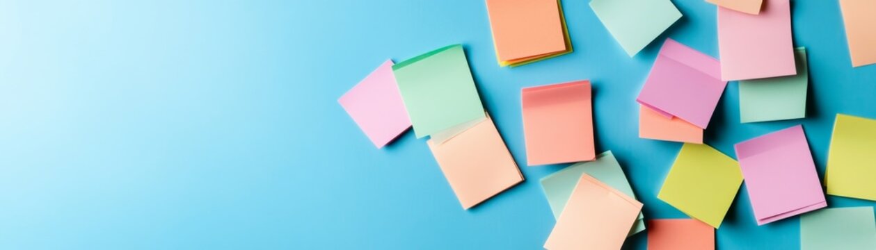 Flat lay of scattered pastel sticky notes on a vibrant blue background with ample copy space, perfect for illustrating ideas, planning and creative brainstorming. ,stationery