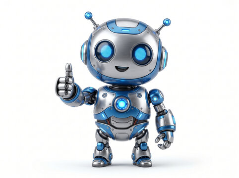 Friendly chibi AI robot giving a thumbs-up gesture, shiny metallic texture