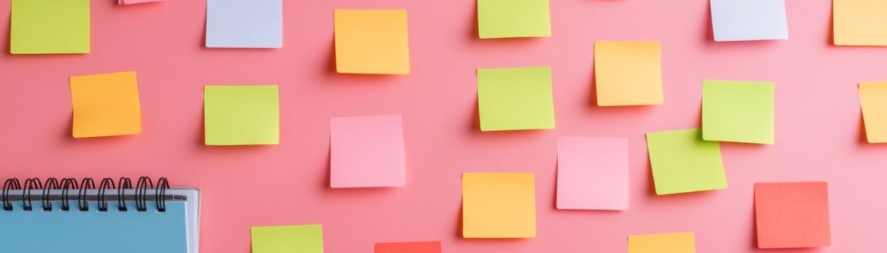 Flat lay of various colorful blank sticky notes scattered on a vibrant pink background, with a corner of a spiral notebook. Ideas, planning, reminders concept. stationery, brainstorm