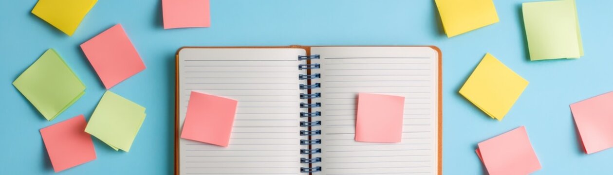 Flat lay Open spiral notebook with pink sticky notes, surrounded by scattered yellow, green and pink sticky notes on a blue background. Visual for ideas, planning and organization.