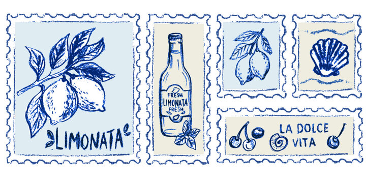 Amalfi lemon postage stamp collection with limonata bottle cherries and seashell