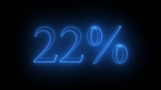 Glowing Neon Text 22% , Abstract Blue Color Sign with Bright Illuminated Numbers on a Black Background 4k video