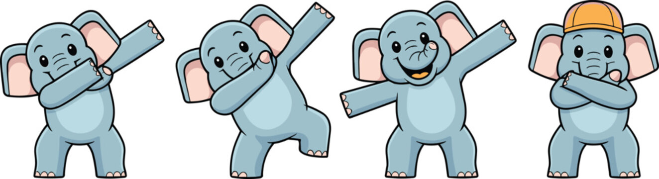 Cute Dabbing Elephant Character Vector Illustration Set Featuring Cheerful Blue Baby Animal Posing and Dancing with Hip Hop Moves and Hat (21 words)