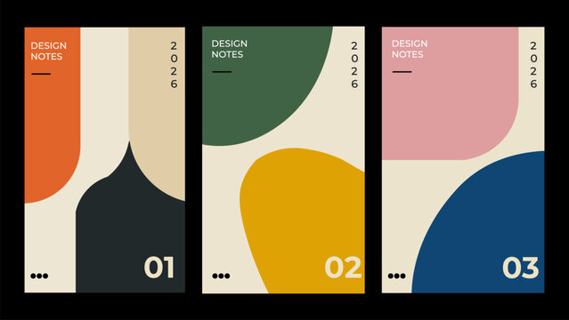 Minimalist design notes templates, colorful abstract backgrounds, modern stationery set, 3 design note cards
