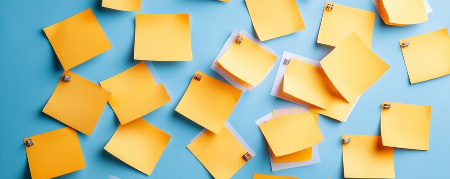 Many blank orange sticky notes, some clipped, scattered on a vibrant blue background. Overhead view illustrating reminders, ideas and creative planning., Brainstorming, Productivity
