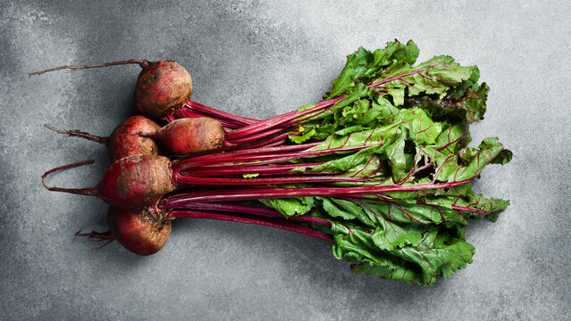 Bunch of organic beetroot on textured stone background. Free space for text. Top view. Food concept.