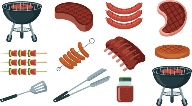 Barbecue Grill and Meat Vector Illustration Set Featuring Charcoal Grills Steak Ribs Sausages Skewers Spatula Tongs and BBQ Sauce for Summer Cookouts (21 words)